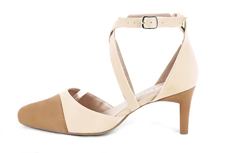Tan beige and champagne white women's open side shoes, with crossed straps. Round toe. Medium comma heels. Profile view - Florence KOOIJMAN